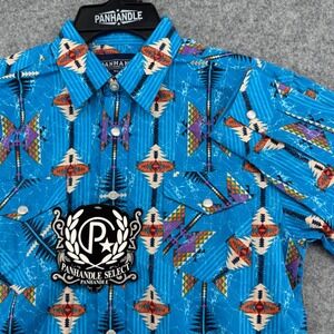 Panhandle Select Western Snap Shirt Boys L Bright Turquoise Southwestern Print